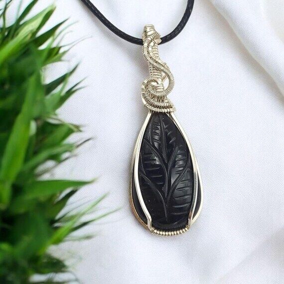 Carved Obsidian Leaf Wire Wrapped Pendant | S...