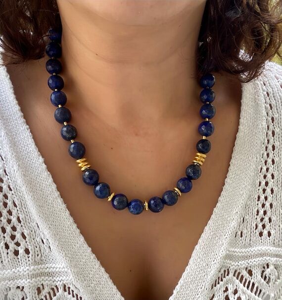 Lapis Lazuli Necklace,Genuine Beaded Lapis St...
