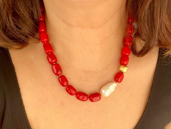Red Coral Pearl Necklace, Statement Gemstone ...