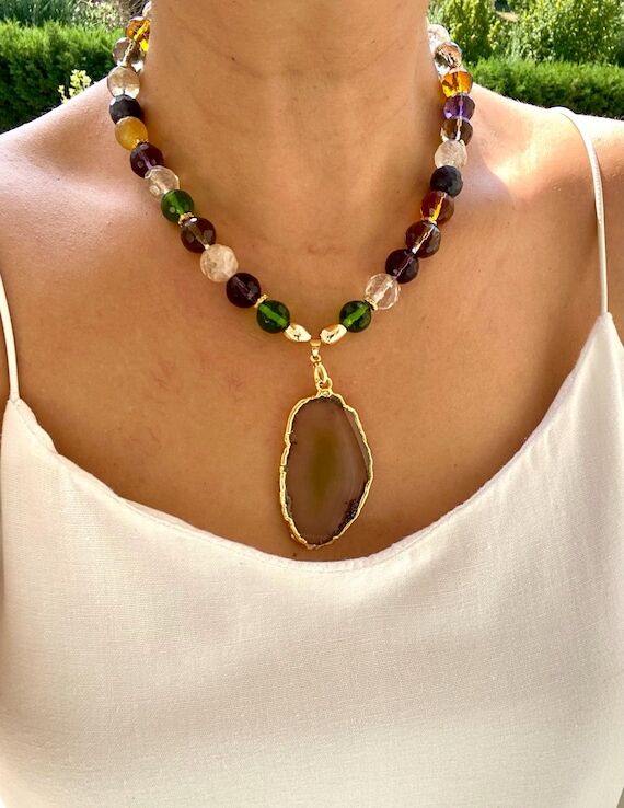 Chunky Beaded Gemstone Necklace: Quartz & 14k...