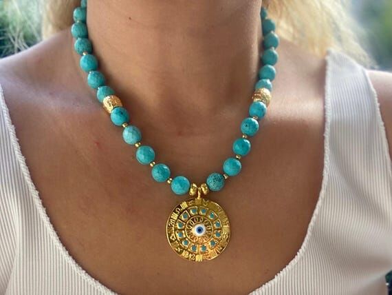 Turquoise Gemstone Necklace with Evileye Zodi...