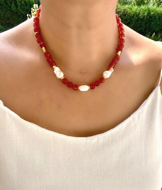 Red Agate and Pearl Necklace: Handmade Beaded...