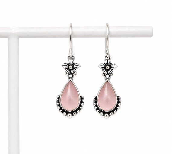 Pink Rose Quartz Earrings, 925 Sterling Silve...