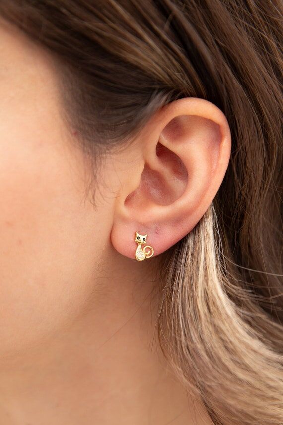 Sterling Silver Cat Stud Earrings: Handmade Z...