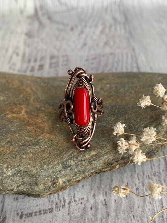Handmade rustic copper wire wrapped ring with...