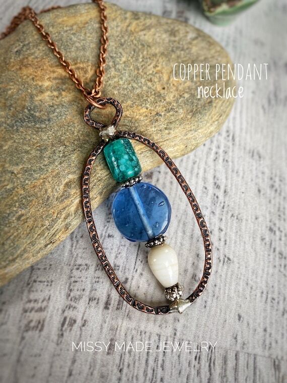 Handmade glass beaded large copper pendant ne...