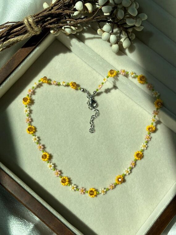 Sunflower & Daisy Necklace, Colorful Tiny Flo...