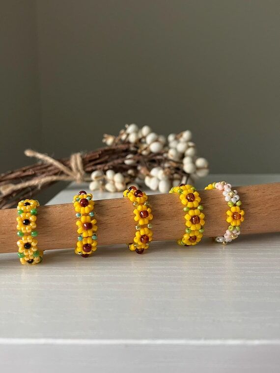 Beaded Sunflower Ring, Cottagecore Sunflower ...