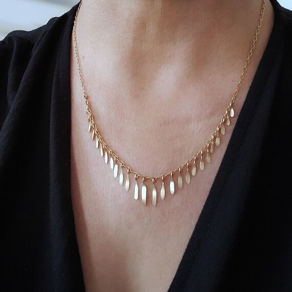 18k Gold Bib Necklace, Handmade Fringe with D...