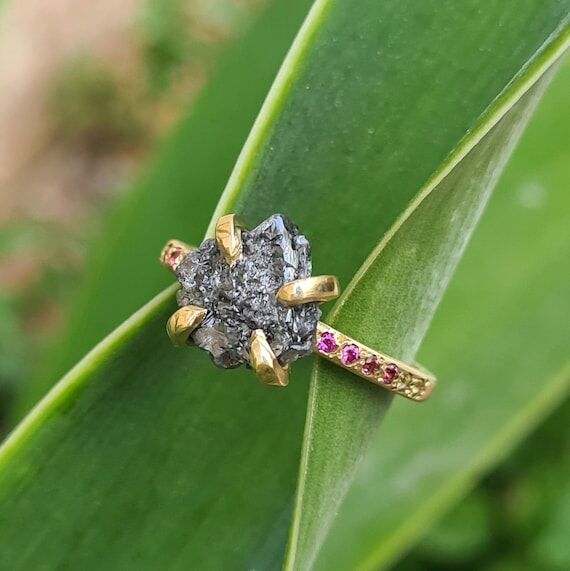 Black Raw Diamond Ring, 18k Gold & Sapphire H...
