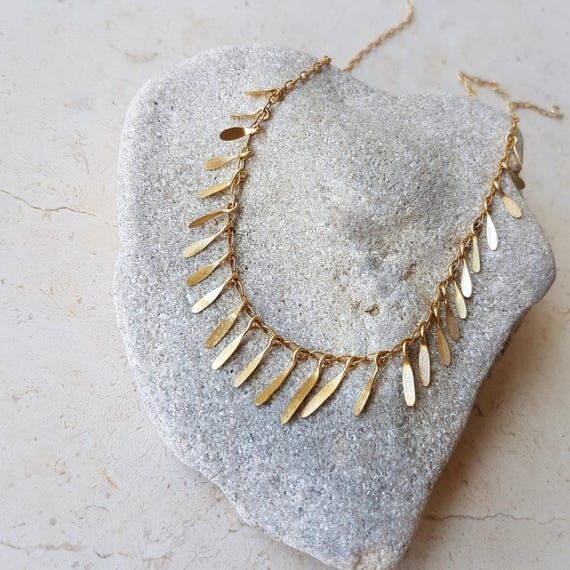Fringe Necklace, Organic Leaf Bib Choker, 18k...