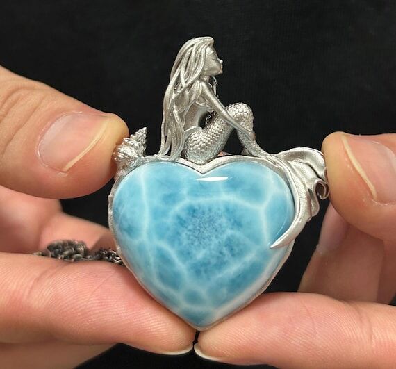 Handmade Larimar Mermaid Pendant: S925 Sterli...
