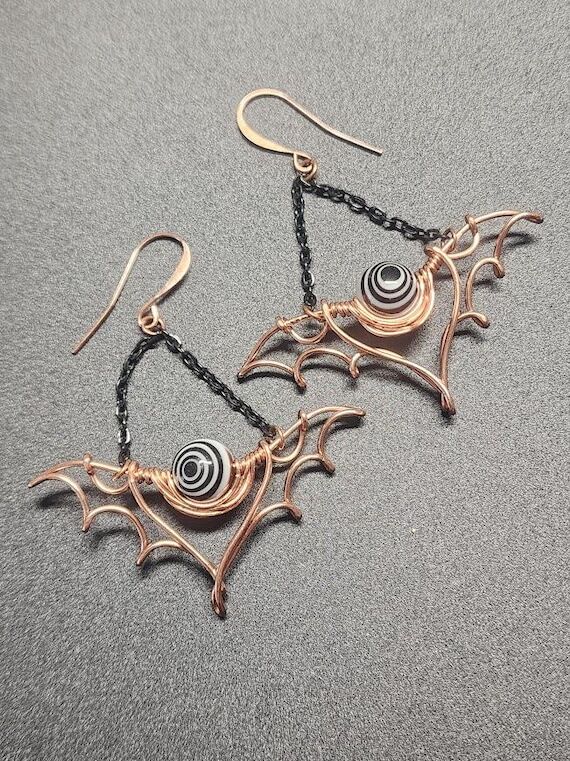 Copper Bat Earrings: Gothic Wire Wrapped Vort...