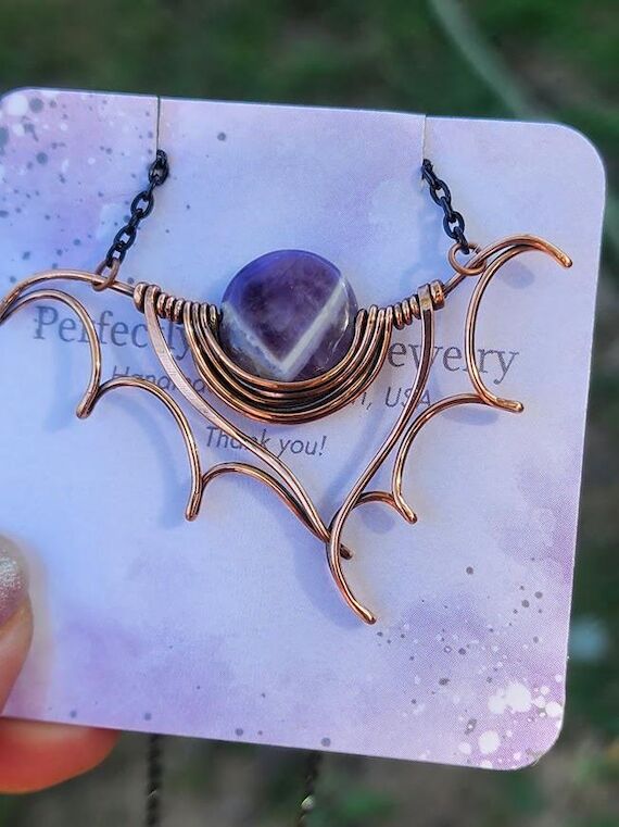 Copper Bat Necklace: Amethyst Wire Wrapped Go...