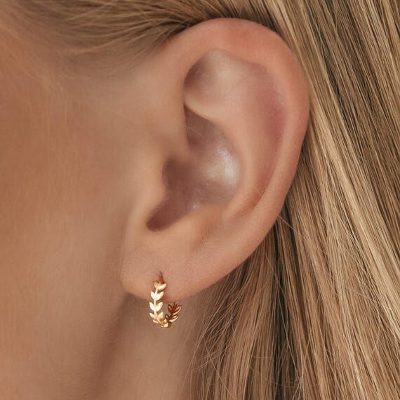 Dainty Gold Hoop Leaves Earrings, Tiny Huggie...