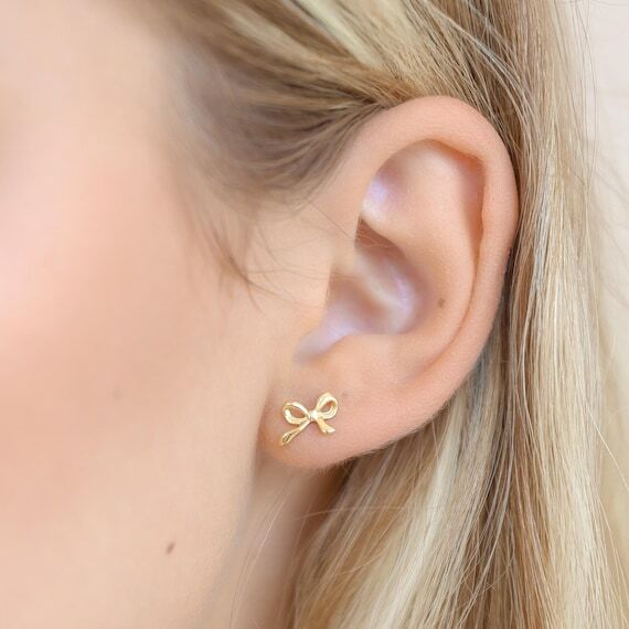 Delicate Gold Bow Stud Earrings, Minimalist J...