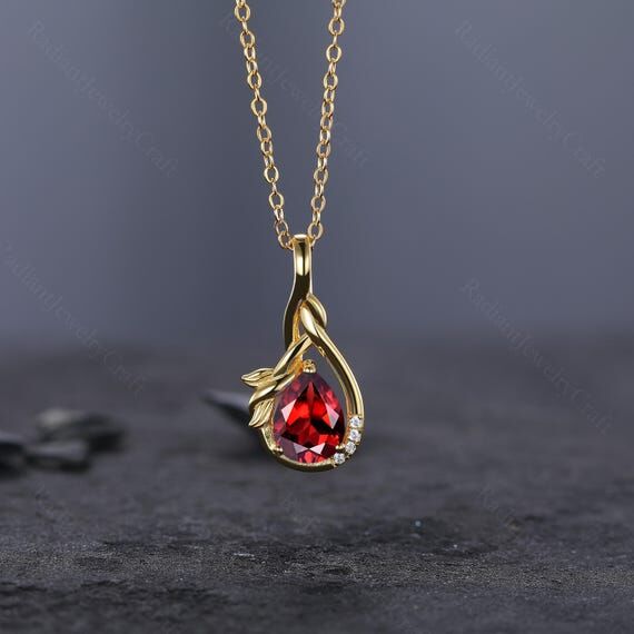 Pear Garnet 14K Yellow Gold Necklace: Leaf Mo...
