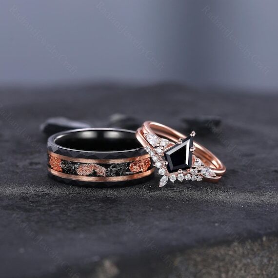 Black Onyx Kite Cut Ring Set: Rose Gold & Tun...