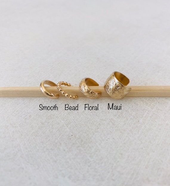 Gold Ear Cuff, wide, Smooth, Beaded, Floral, ...