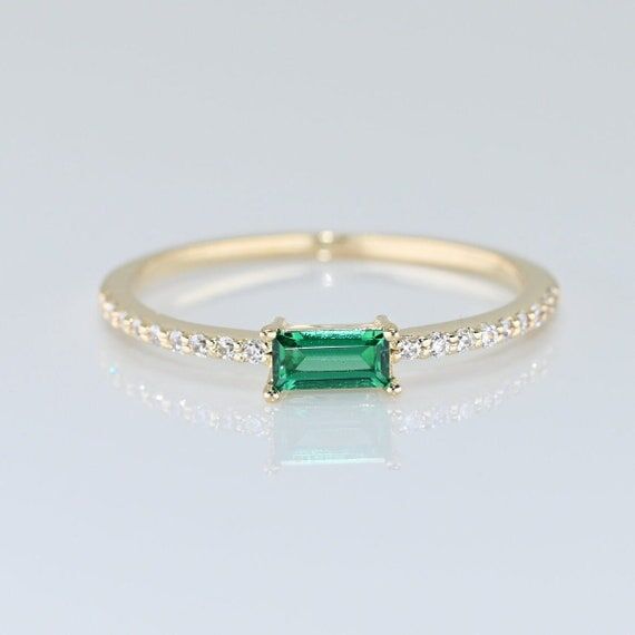 14k Solid Gold Emerald Baguette Ring, Real Go...