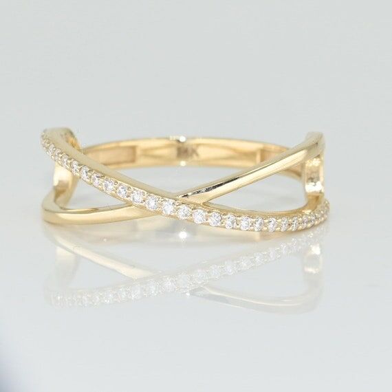 14k Solid Gold Criss Cross Ring, Real Gold Mo...