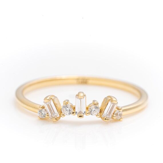 14k Solid Gold Baguette Ring, Real Gold Stack...