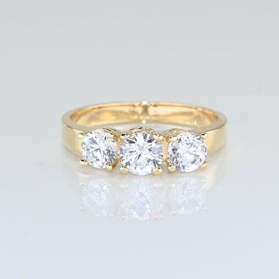 14k Solid Gold Three Stone Moissanite Ring, R...
