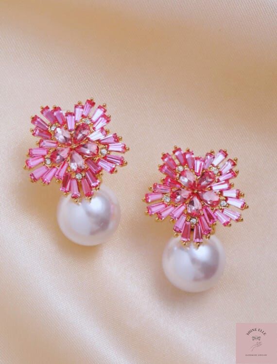 Pearl & Rhinestone Flower Stud Earrings: Pink...