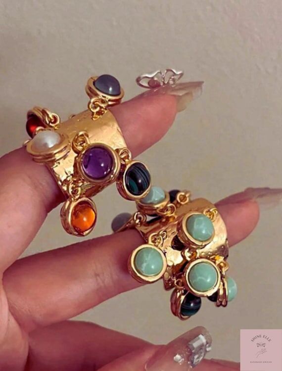 Gold Plated Gemstone Charm Ring: Adjustable R...