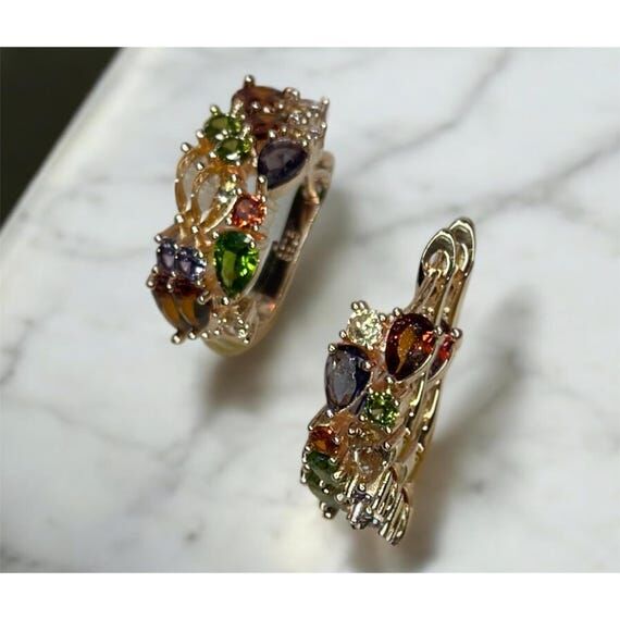 Multi Gemstone Hoop Earrings: Rose Gold Plate...