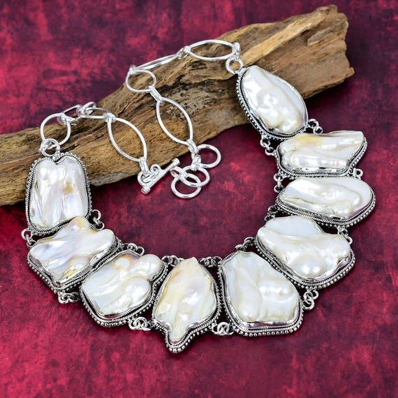 Natural Mother Of Pearl Gemstone Silver Neckl...