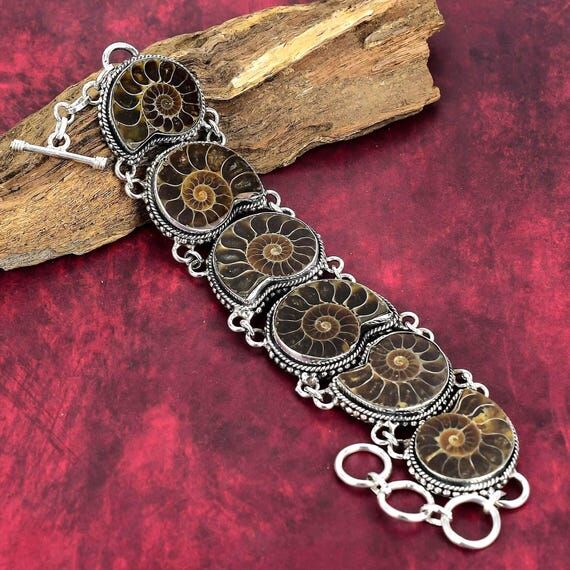 Ammonite Fossil Gemstone Bracelet, 925 Sterli...