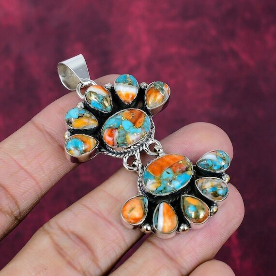Orange Spiny Oyster Turquoise 925 Sterling Si...