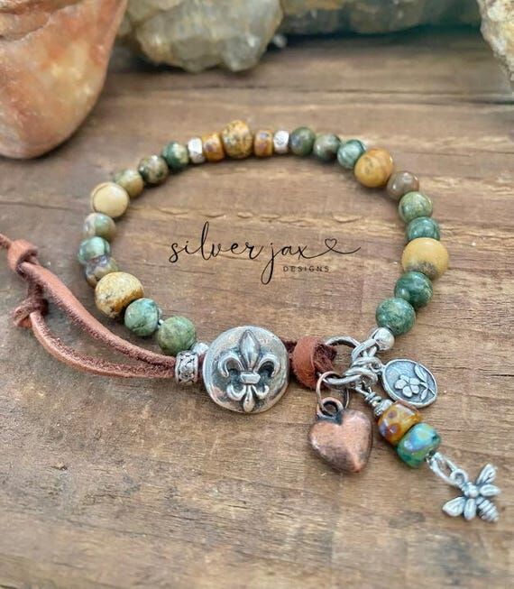 Jasper Ryholite Gemstone Crystal Bracelet - F...