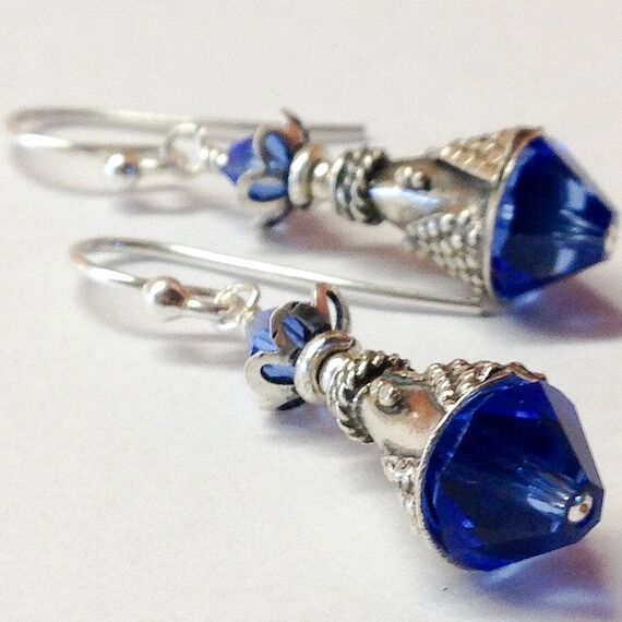 Sapphire Blue Crystal Bali Silver Earrings ...