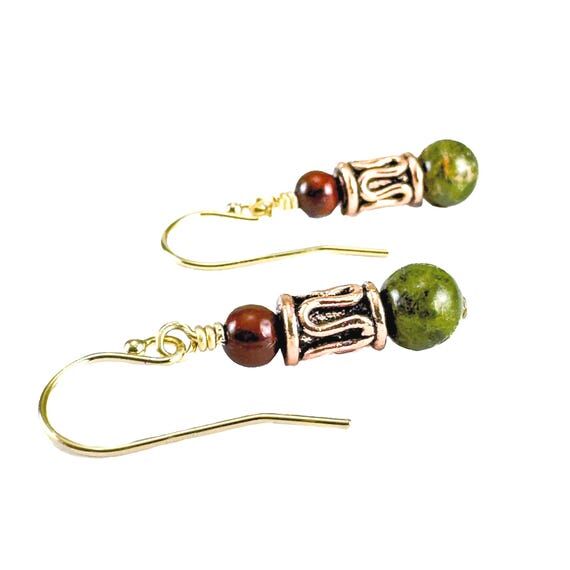 Olive Green Unakite Jasper Copper Earrings ...