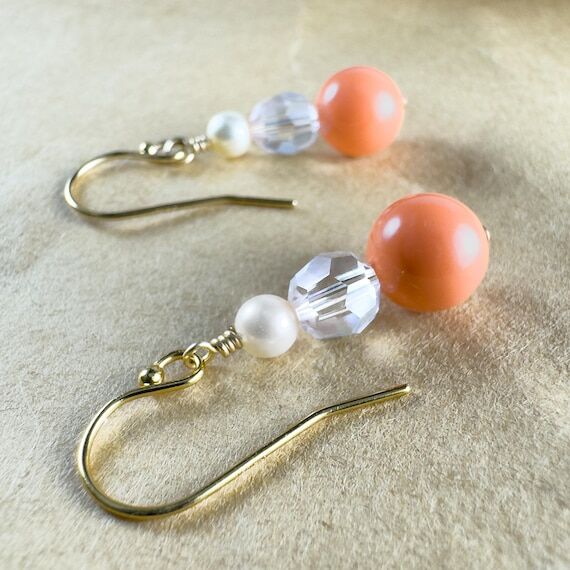 Coral Pearl Earrings Peach Salmon Crystal Ear...