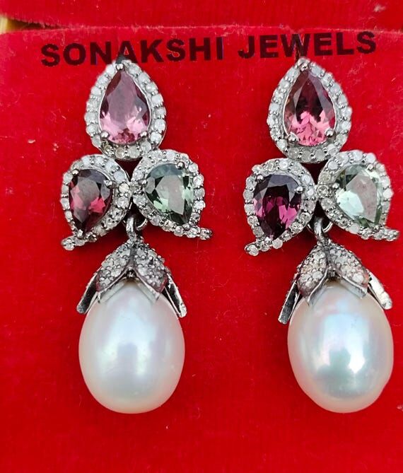 Multi Tourmaline & Diamond Pearl Drop Earring...