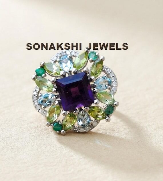 Handmade Design Purple Amethyst & Peridot Rin...
