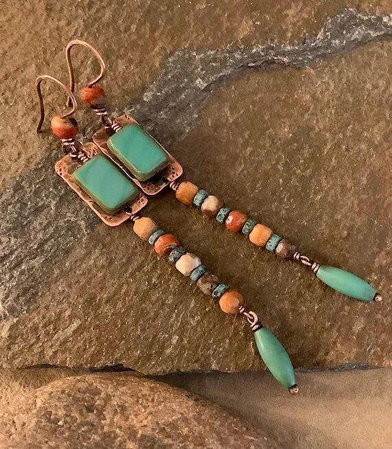 Handmade Coral Dangle Earrings: Copper, Turqu...