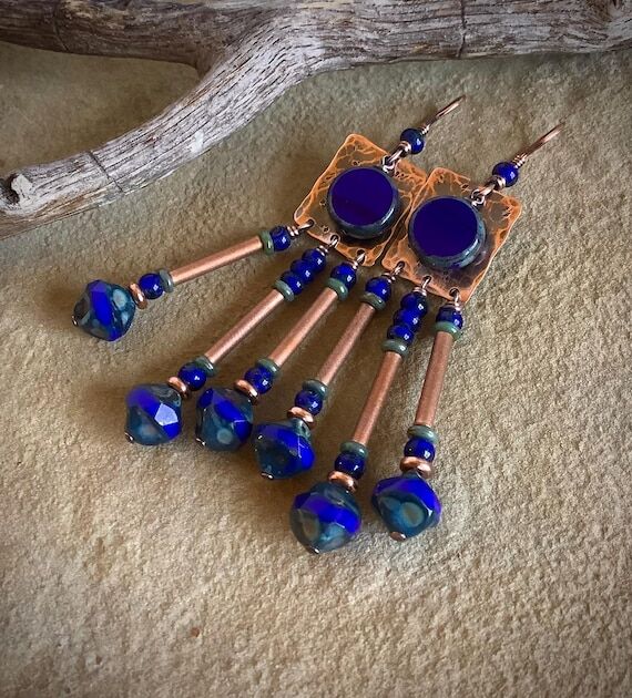 Boho Dangle Earrings, Handmade Copper & Czech...
