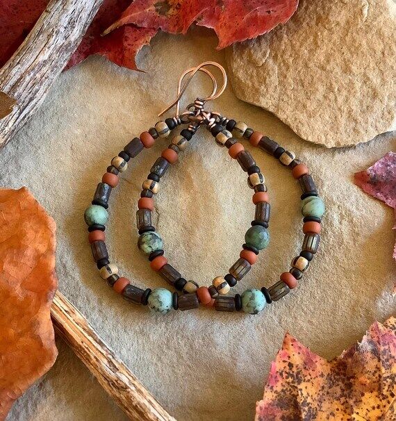 Boho Beaded Hoop Earrings, African Turquoise,...