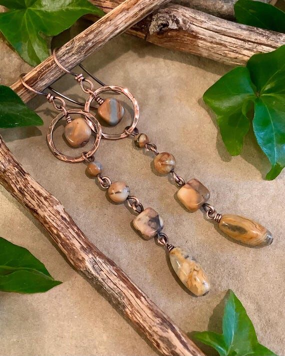 Long Venus Jasper Dangle Earrings: Handmade C...