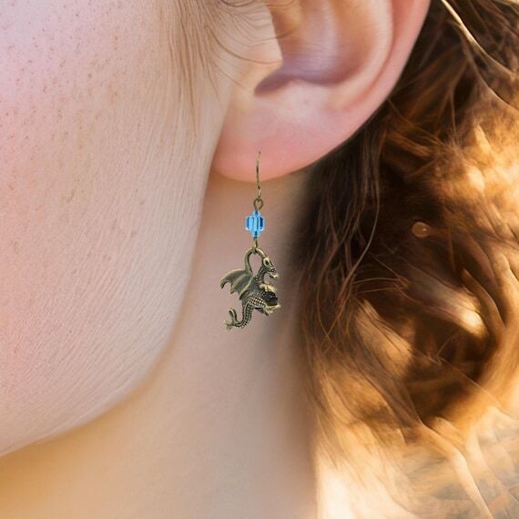 Blue Crystal Dragon Earrings, Antique Bronze ...