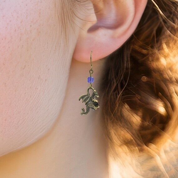 Amethyst Dragon Earrings, Antique Bronze Drag...