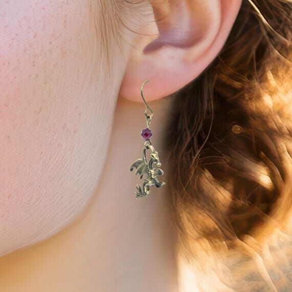 Garnet Dragon Earrings, Antique Bronze Dragon...