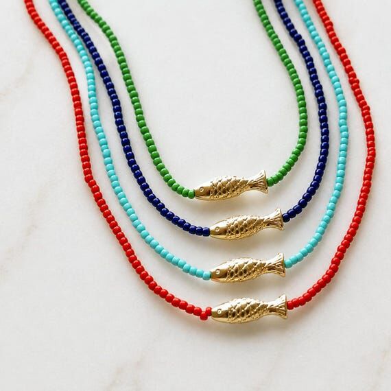 Gold Filled Fish Charm Seed Bead Necklace, La...