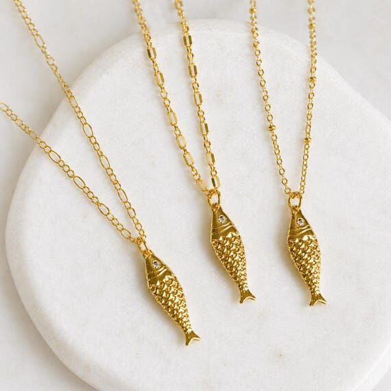 Gold Necklace, Gold Pendant Necklace, Fish Pe...
