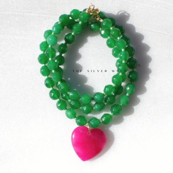 Handmade Green Jade Beaded Necklace with Fuch...