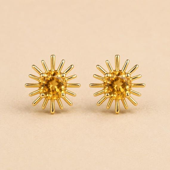 Natural Citrine Stud Sunbrust Gold Plated Ear...